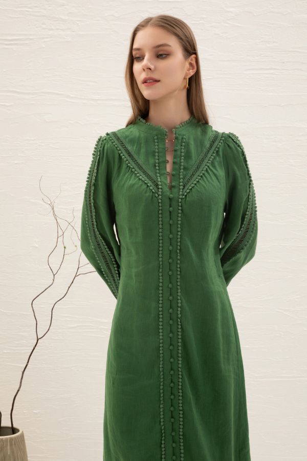 Asteria Long Sleeve Linen Dress - Green