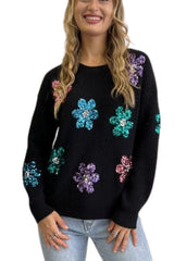 Briana Black Knit Sequin Flower Jumper
