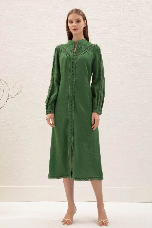Asteria Long Sleeve Linen Dress - Green