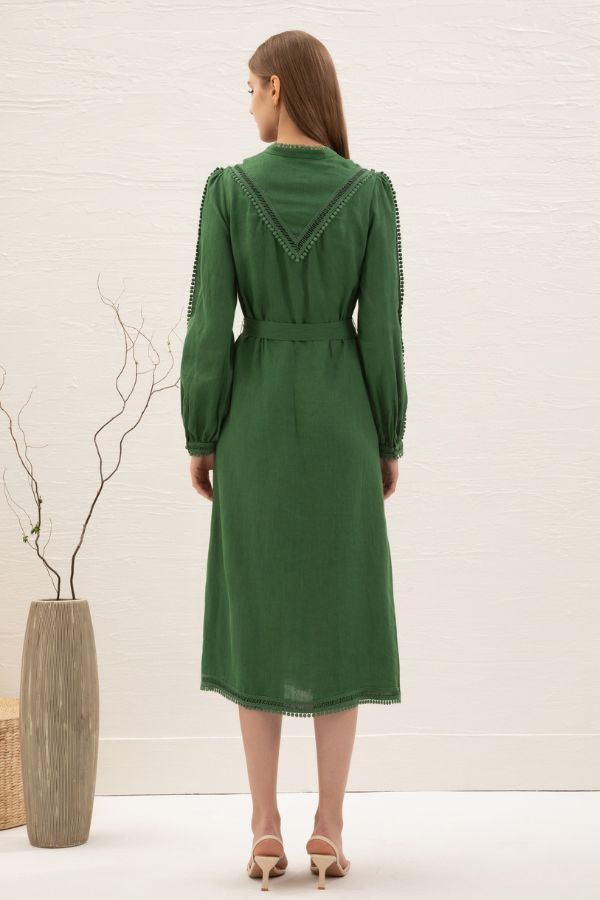 Asteria Long Sleeve Linen Dress - Green