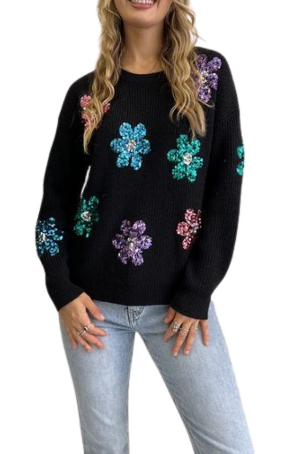 Briana Black Knit Sequin Flower Jumper