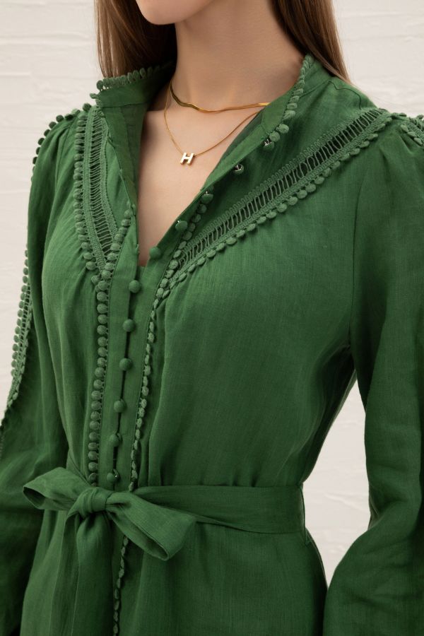Asteria Long Sleeve Linen Dress - Green