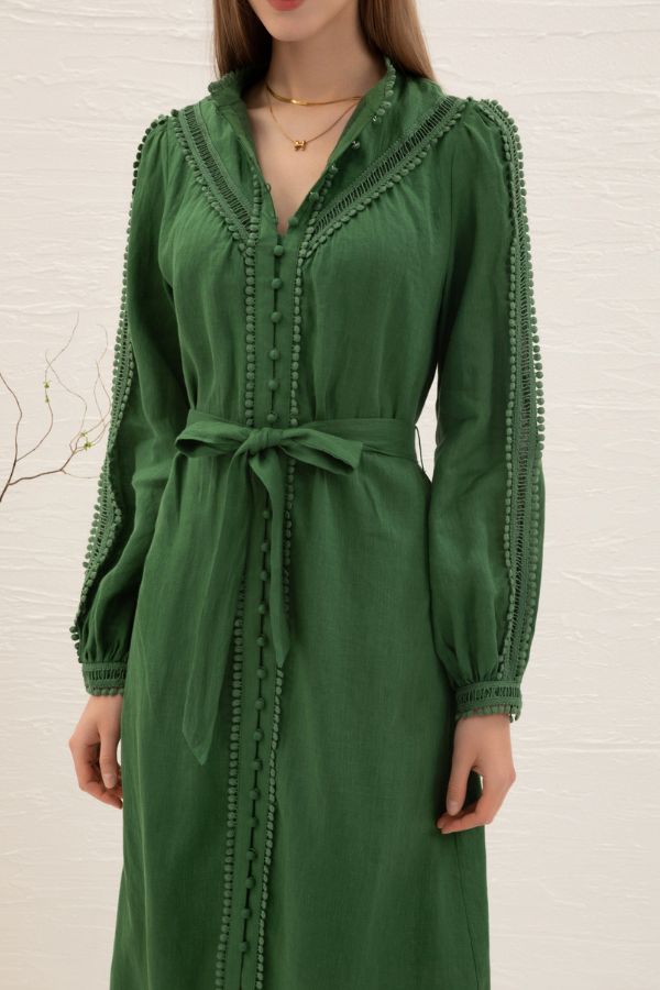 Asteria Long Sleeve Linen Dress - Green