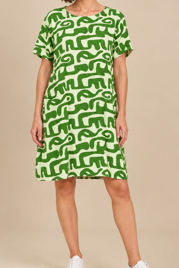 Bridget Shift Dress Green – short brunette model, view 3