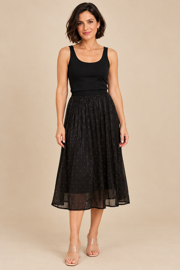 Carol Sparkle Skirt – short brunette model, view 1