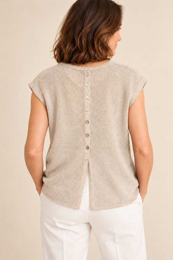 Cassidy - Beige cotton linen top with white pants – AI-styled back view