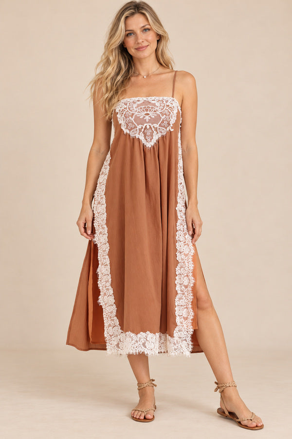 Cassidy Lace Dress – AI-styled long-haired blonde model view 1