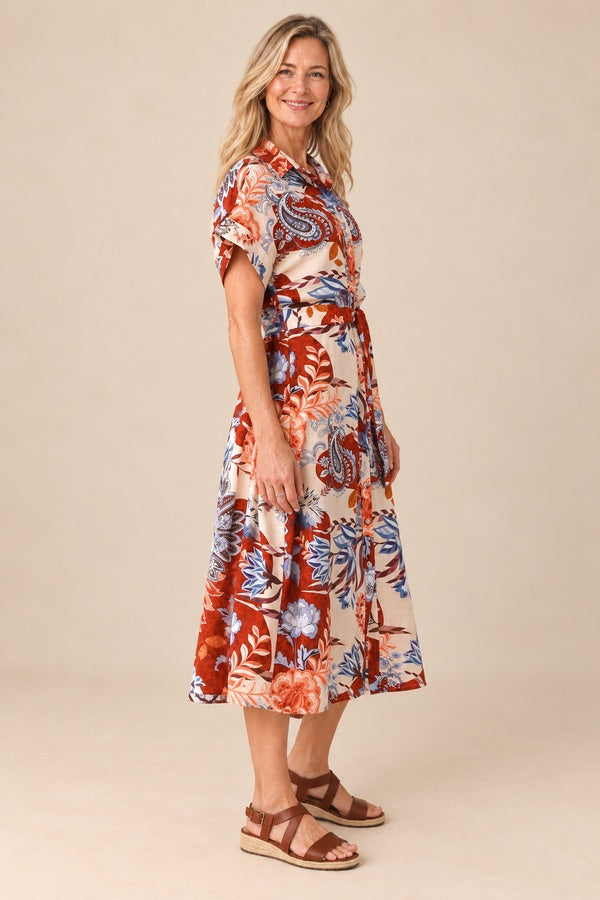 Eden Midi Dress on a long-haired blonde model, side view