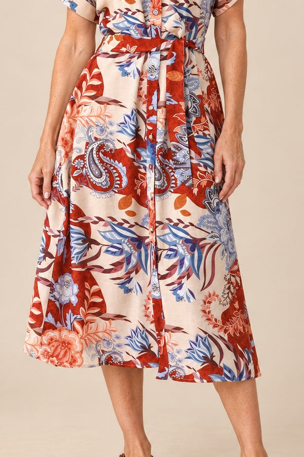 Eden Midi Dress on a long-haired blonde model, detail view