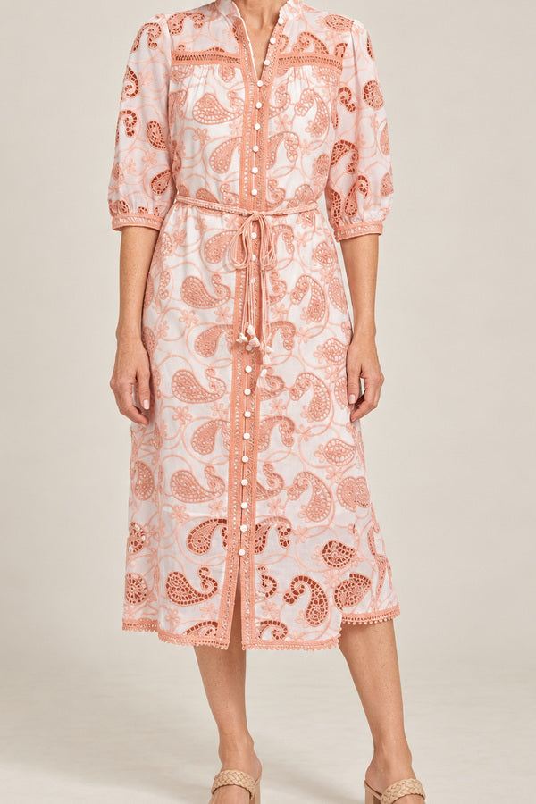 Serena Embroidery Midi Dress - Salmon Pink – short red-haired model aged 55, view 3