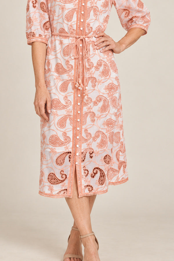Serena Embroidery Midi Dress - Salmon Pink – short red-haired model aged 55, view 4