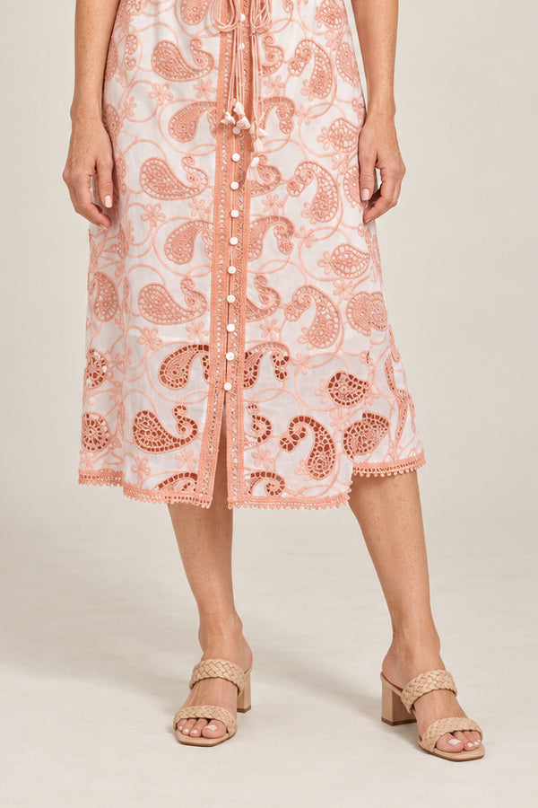 Serena Embroidery Midi Dress - Salmon Pink – short red-haired model aged 55, view 5