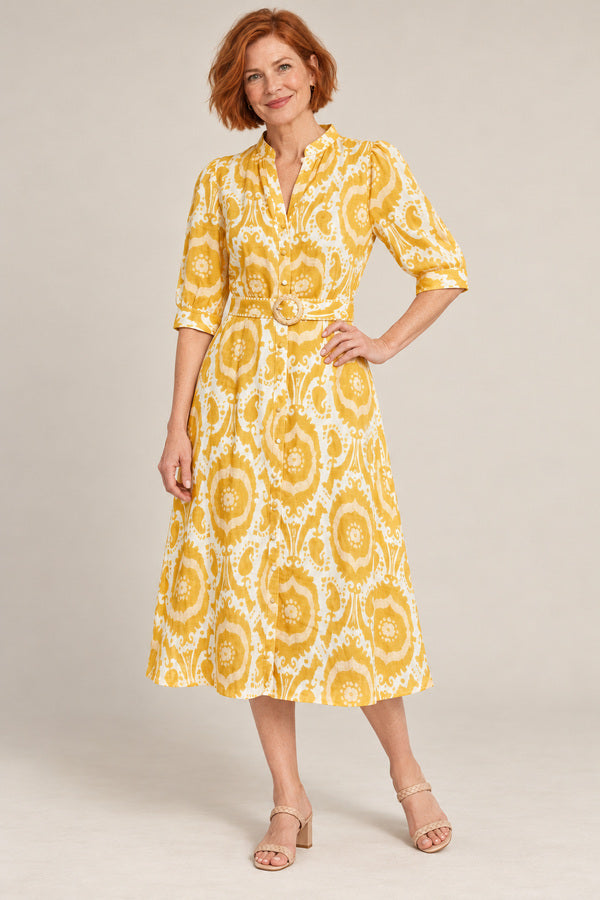 Abyss Midi Linen Dress - Mustard/Yellow – short red-haired model aged 55, view 2