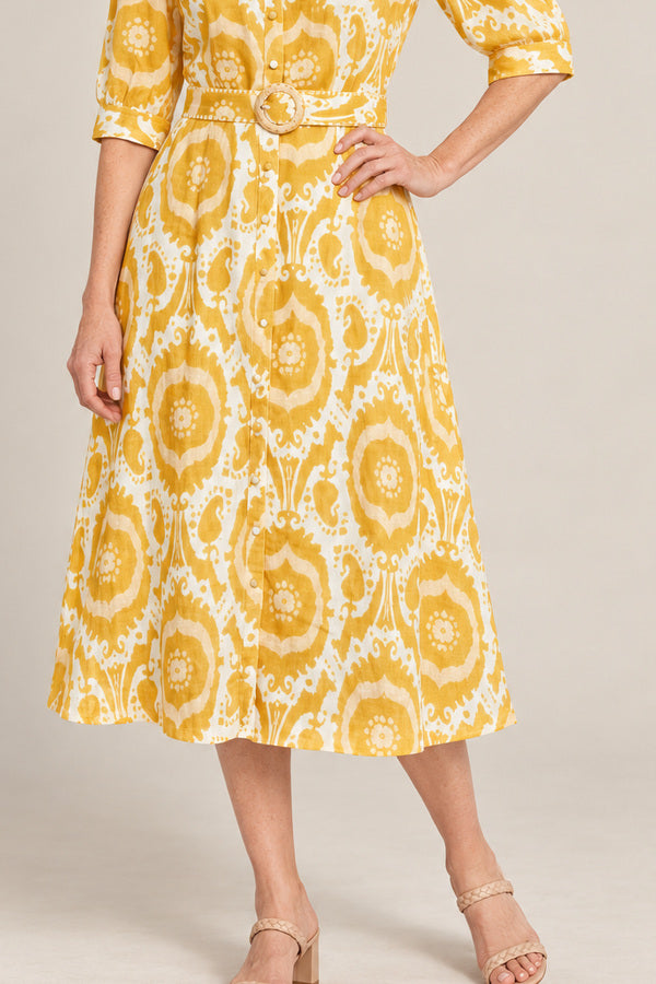 Abyss Midi Linen Dress - Mustard/Yellow – short red-haired model aged 55, view 4