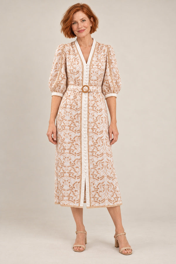 Naomi Long Dress - Beige/White – short red-haired model aged 55, view 1