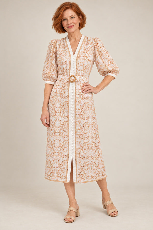 Naomi Long Dress - Beige/White – short red-haired model aged 55, view 2