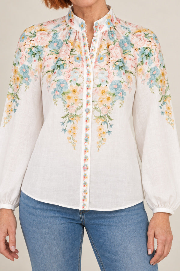 GDS Celeste Long Sleeve Linen Blouse - Mint – short red-haired model aged 55, view 3