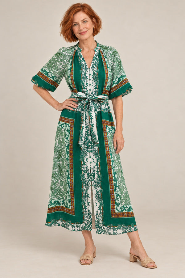 GDS Oceane Linen Long Dress - Green – short red-haired model aged 55, view 2