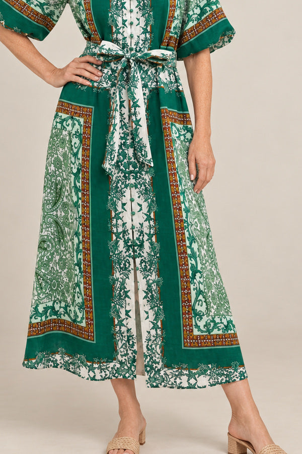GDS Oceane Linen Long Dress - Green – short red-haired model aged 55, view 4
