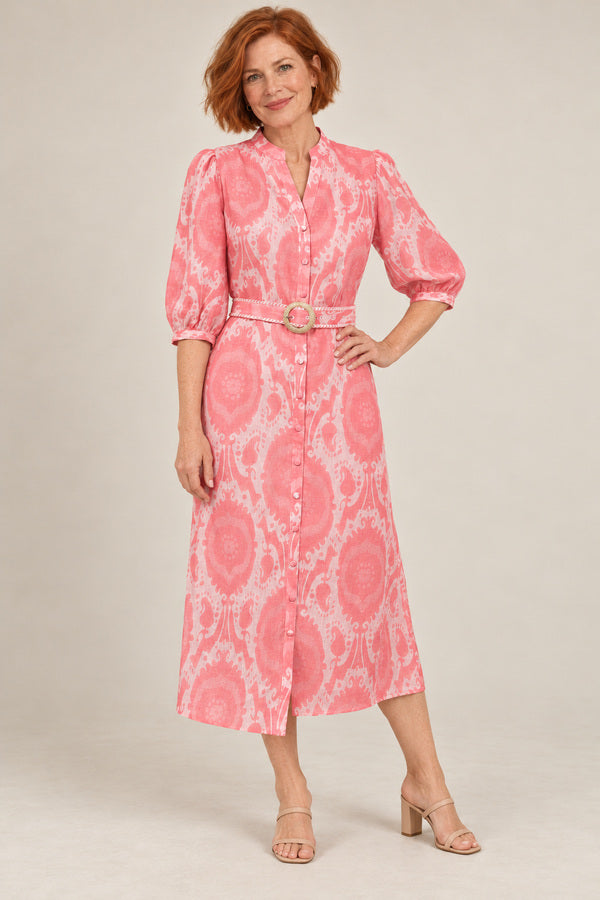 GDS Abyss Long Linen Dress - Pink – short red-haired model aged 55, view 2