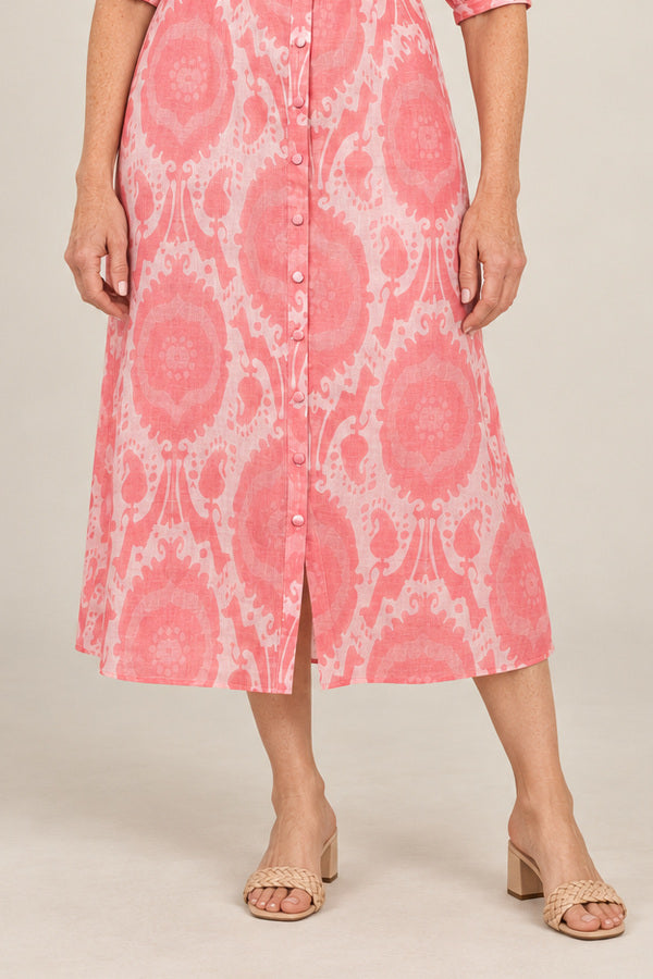 GDS Abyss Long Linen Dress - Pink – short red-haired model aged 55, view 5