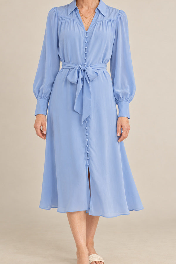 GDS Silk Peony Dress - French Blue – short red-haired model aged 55, view 3