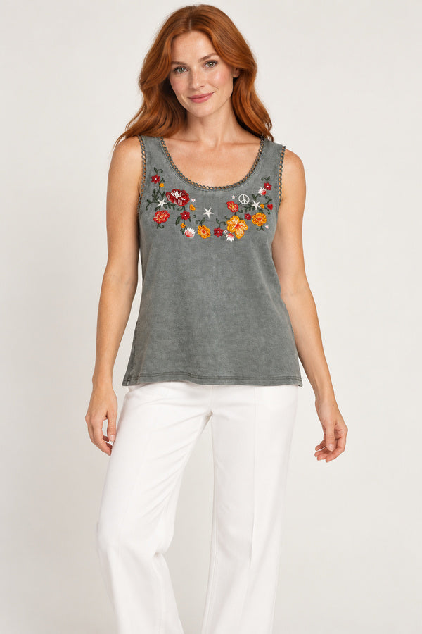 Sweet Ivy Jeanie Singlet green cotton embroidered top — full model view