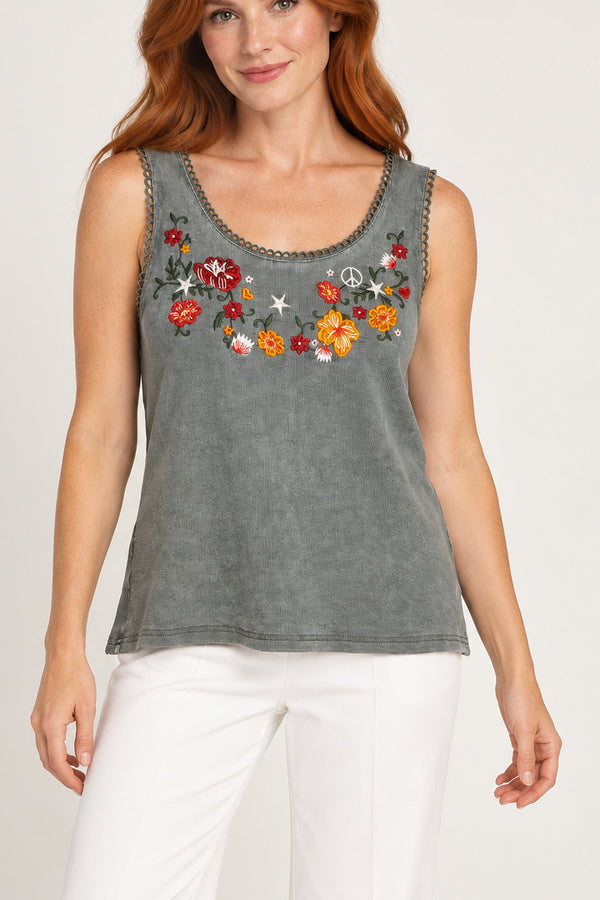 Sweet Ivy Jeanie Singlet green cotton embroidered top — closer front view