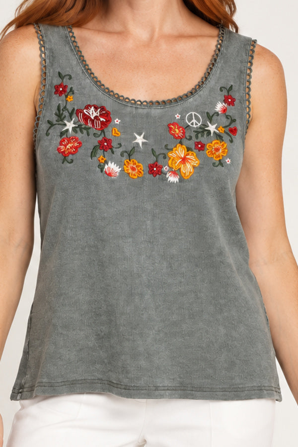 Sweet Ivy Jeanie Singlet green cotton embroidered top — neckline and top