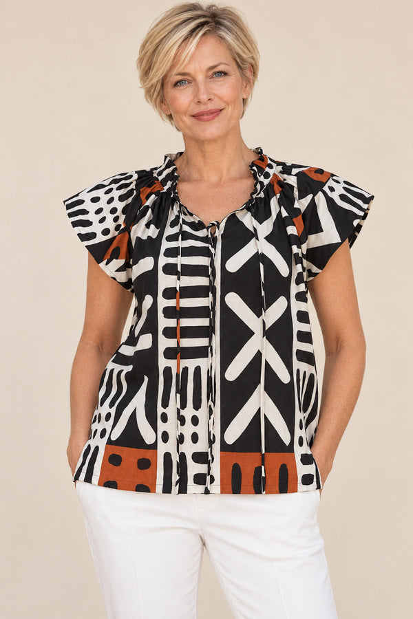Peacock Top – AI-styled blonde model view 1