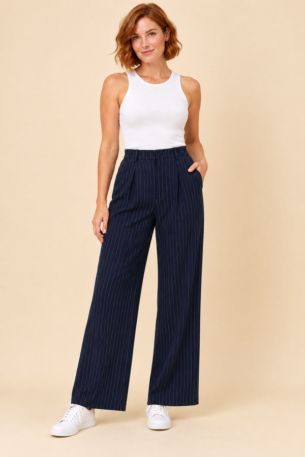 Pippa Pinstripe Pants – short red-haired model, view 2