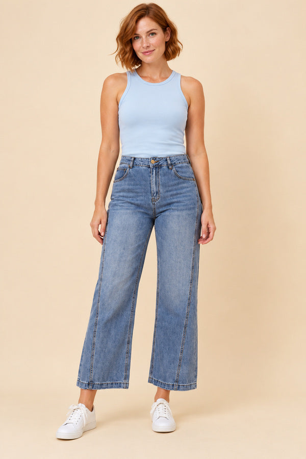 Sabrina Denim Pants – short red-haired model, front view