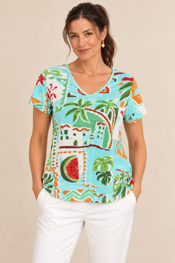 Summer Holiday T-shirt with white pants – AI-styled front portrait