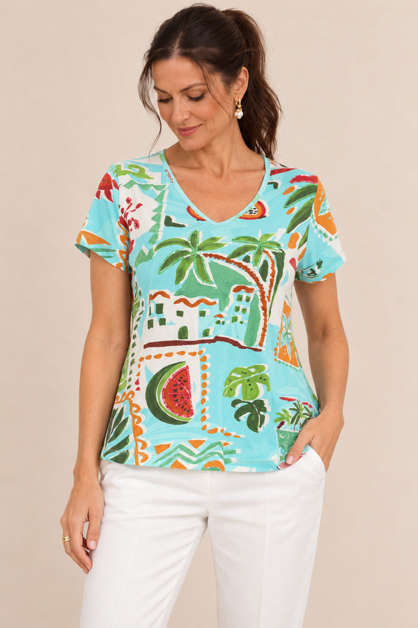 Summer Holiday T-shirt with white pants – AI-styled front angle