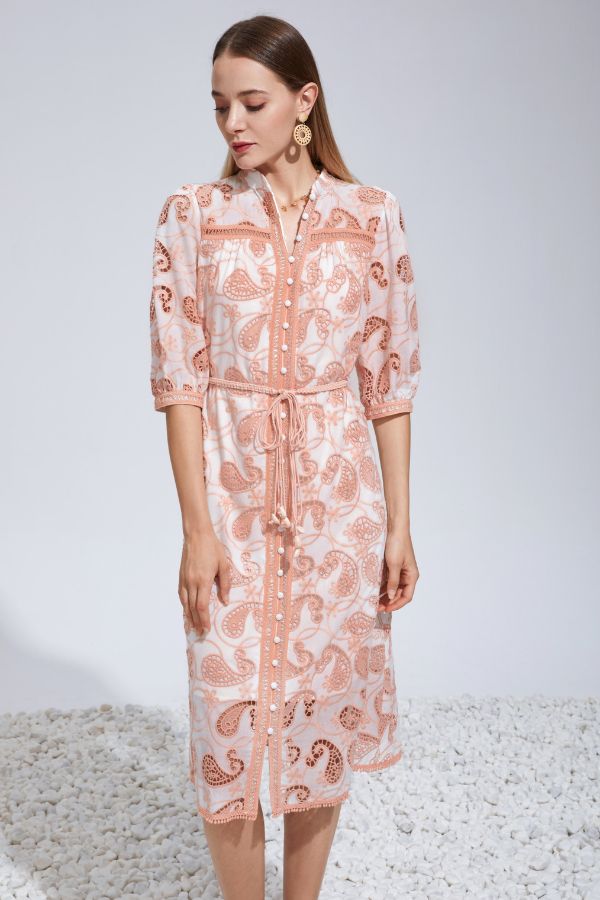 Serena Embroidery Midi Dress - Salmon Pink