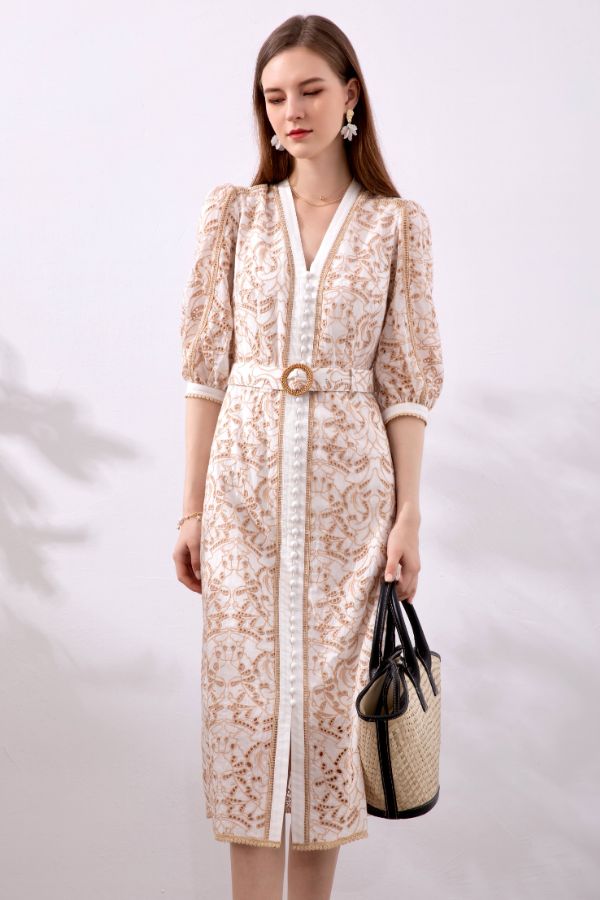 Naomi Long Dress - Beige/White