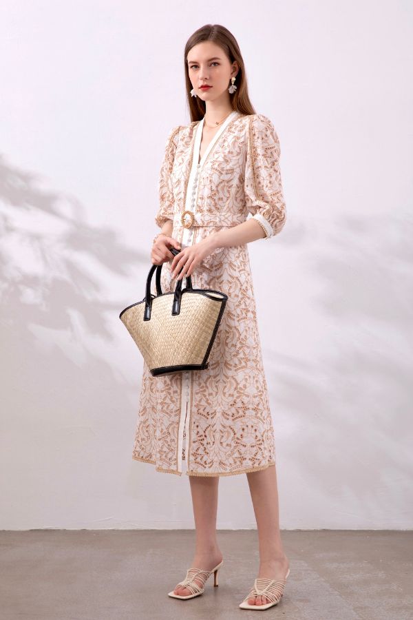 Naomi Long Dress - Beige/White