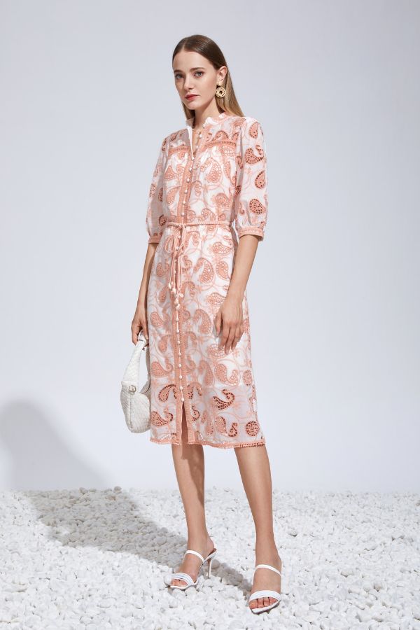 Serena Embroidery Midi Dress - Salmon Pink