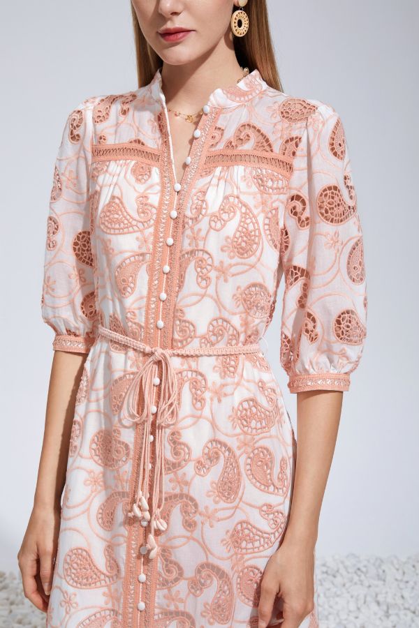 Serena Embroidery Midi Dress - Salmon Pink