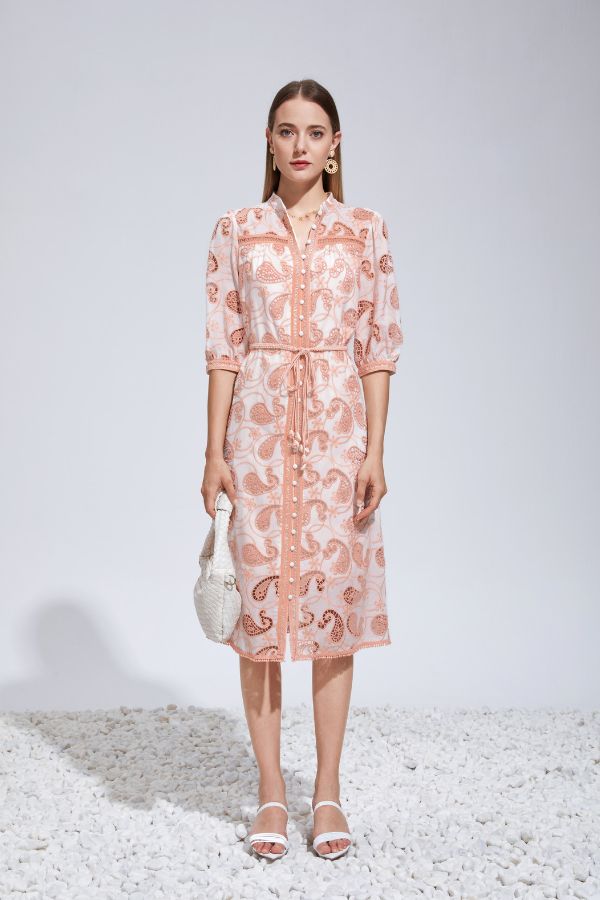 Serena Embroidery Midi Dress - Salmon Pink