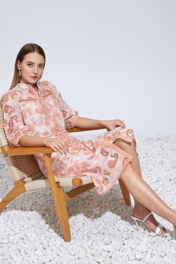 Serena Embroidery Midi Dress - Salmon Pink