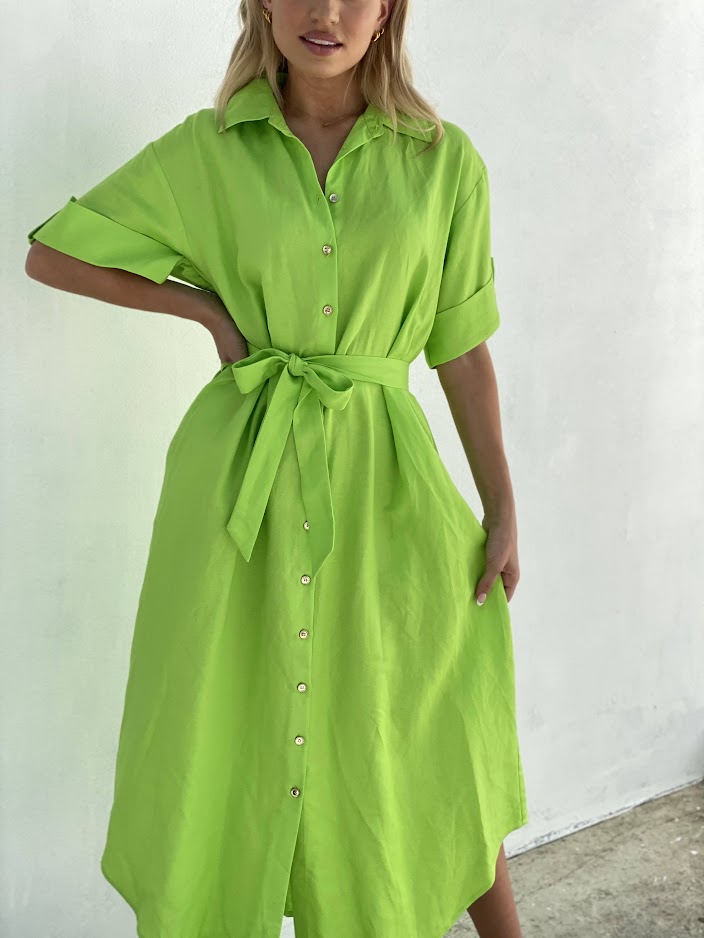 Louisa Cotton Linen Dress - Lime