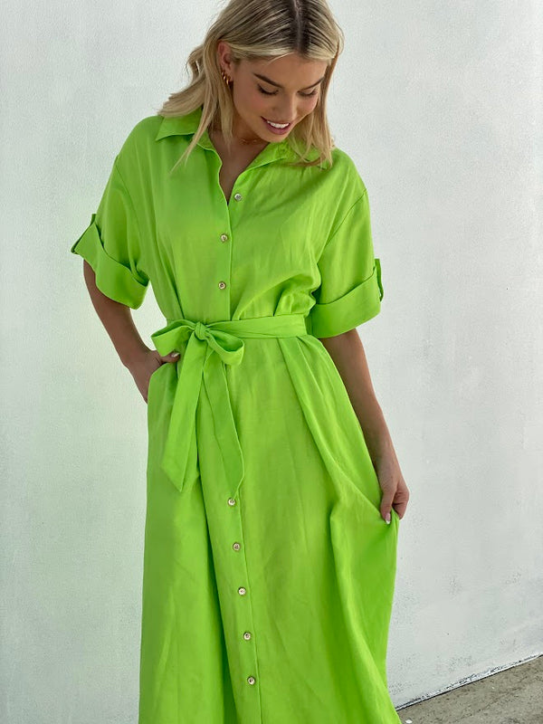 Louisa Cotton Linen Dress - Lime