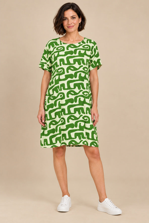 Bridget Shift Dress Green – short brunette model, view 1