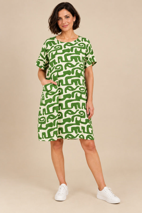 Bridget Shift Dress Green – short brunette model, view 2