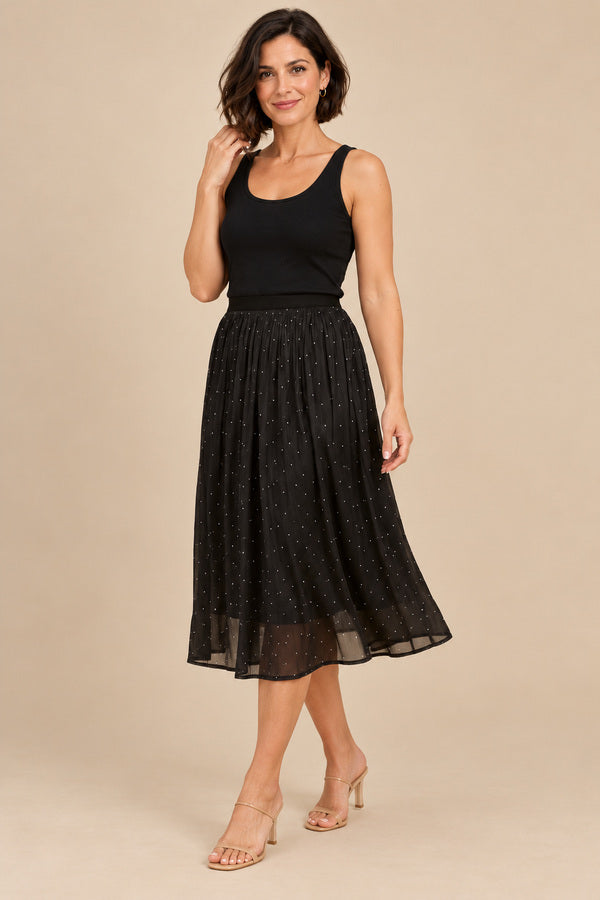 Carol Sparkle Skirt – short brunette model, view 2