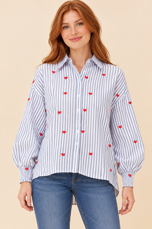 Cassandra Heart Shirt – red-haired model, view 1