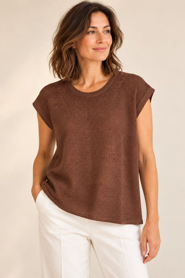 Cassidy cotton-linen knit top with white pants – AI-styled front angle
