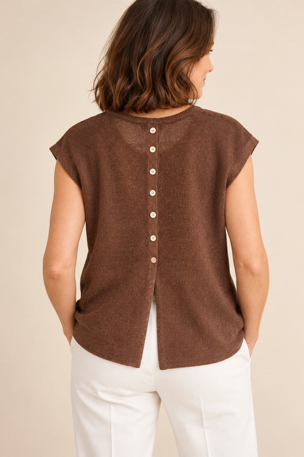 Cassidy cotton-linen knit top with white pants – AI-styled back view