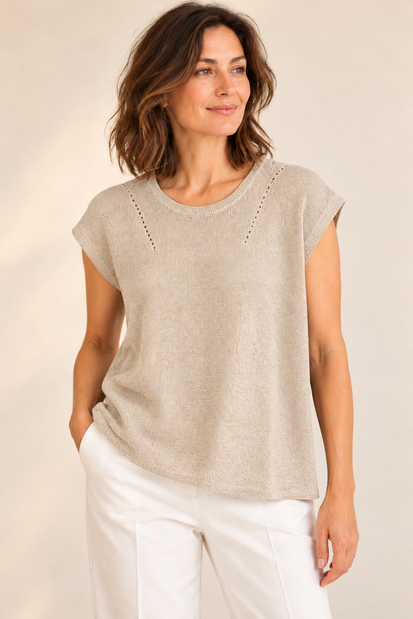 Cassidy - Beige cotton linen top with white pants – AI-styled front angle